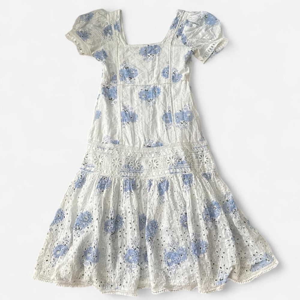 LoveShackFancy White Eyelet Dress with Blue Floral Accents